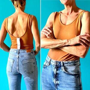 NWT BLQ Basic tan bodysuit sz S snap bottom, sexy AF!